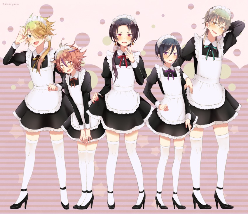 10s, 5boys, aina123, alternate_costume, apron, bad_id, bad_pixiv_id, black_hair, blonde_hair, blue_eyes, brown_eyes, brown_hair, crossdressing, crossdressing_(mtf), dress, earrings, enmaided, fang, full_body, gotou_toushirou, hair_over_one_eye, high_heels, holding_own_dress, jewelry, kashuu_kiyomitsu, maid, maid_headdress, male_focus, male_maid, mole, mole_under_mouth, multicolored_hair, multiple_boys, nail_polish, open_mouth, ponytail, purple_eyes, red_eyes, red_nails, shishiou_(touken_ranbu), smile, streaked_hair, thighhighs, touken_ranbu, trap, tsurumaru_kuninaga, white_hair, white_legwear, yagen_toushirou, yellow_eyes, zettai_ryouiki