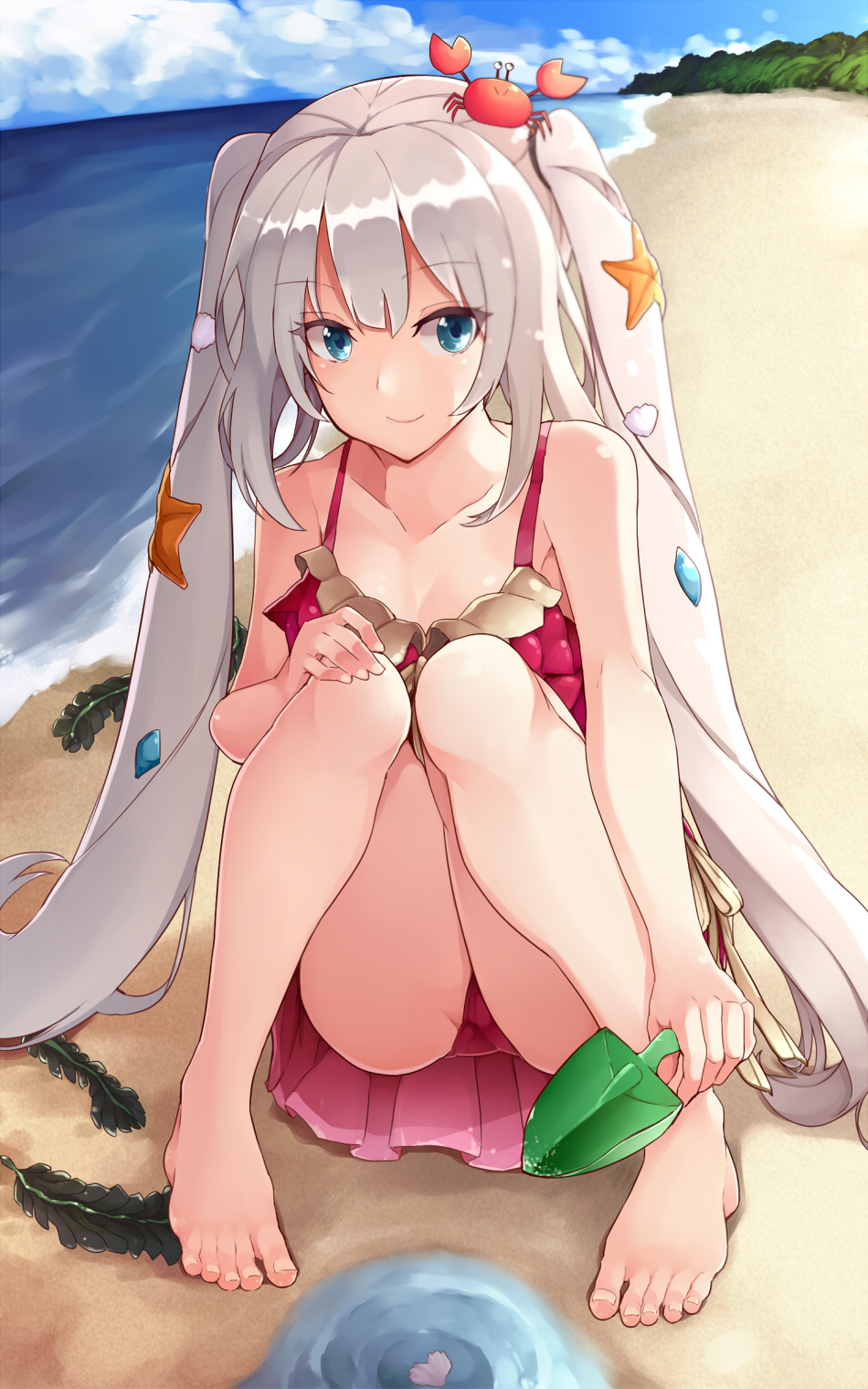 1girl, barefoot, batatata77, beach, blue_eyes, casual_one-piece_swimsuit, closed_mouth, collarbone