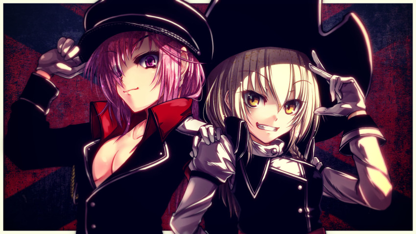 2girls, aiguillette, amemiya_amane, black_hat, black_jacket, black_vest, blonde_hair, border