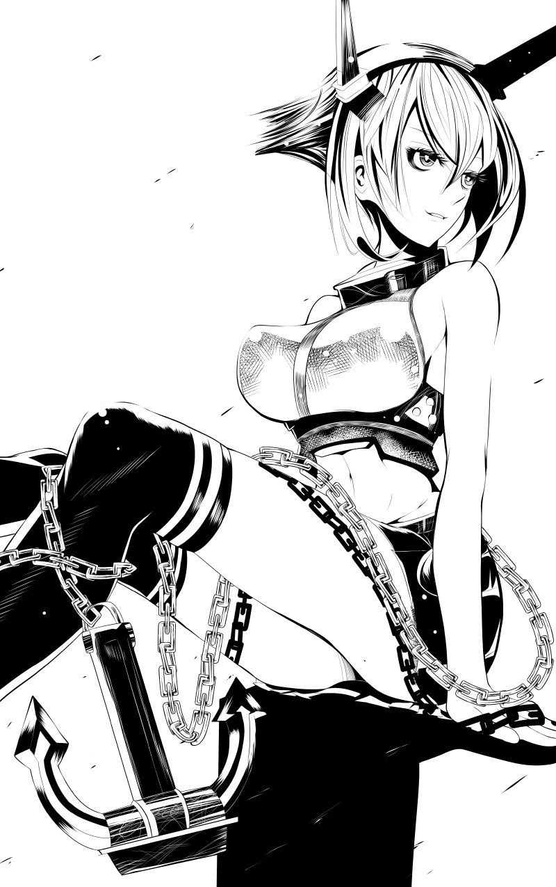 10s, 1girl, anchor, bad_anatomy, black_thighhighs, breasts, chain, female_focus