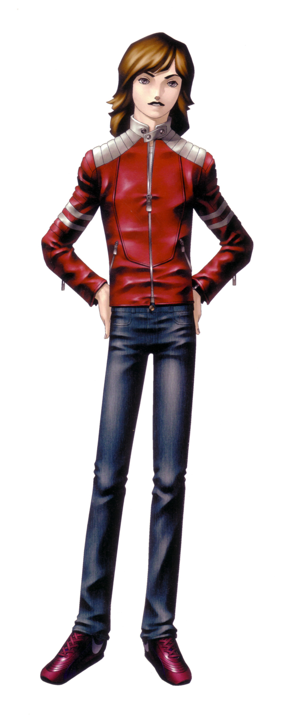1boy, absurdres, brown_hair, denim, hands_on_own_hips, highres, jacket, jeans