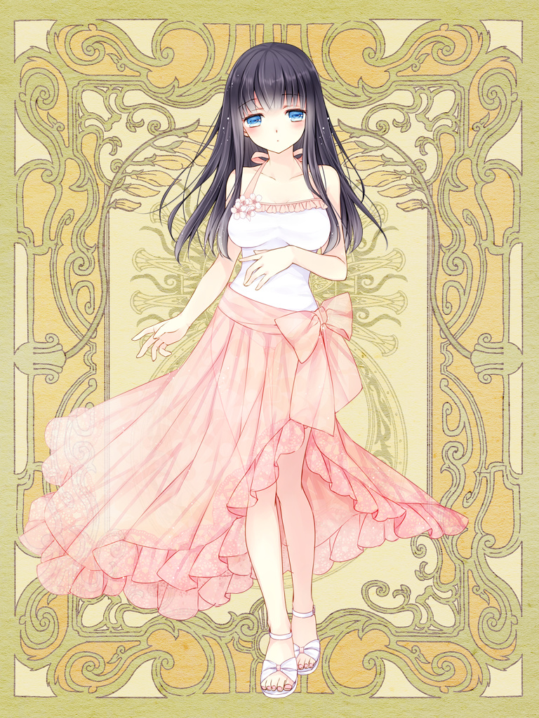 1girl, anklet, bare_shoulders, black_hair, blue_eyes, blush, casual_one-piece_swimsuit, collarbone, eyebrows, female_focus, flower, frills, full_body, jewelry, long_hair, looking_at_viewer, mizuna_umi, nail_polish, nakura_eri, one-piece_swimsuit, pink_nails, psychic_hearts, sandals, sarong, see-through_clothes, sidelocks, solo, standing, swimsuit, toenail_polish, toenails, white_one-piece_swimsuit