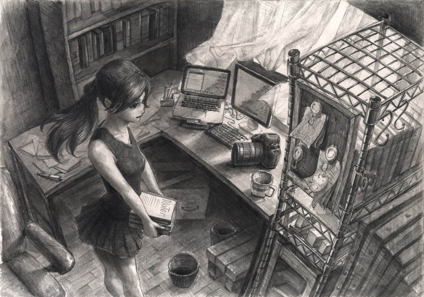 1girl, amazon_(company), book, bookshelf, box, cardboard_box, carrying, chair, coffee_mug, commentary, computer, computer_keyboard, cup, curtains, desk, female_focus, floating_curtains, from_above, graphite_(medium), greyscale, highres, hiru, holding, holding_book, indoors, laptop, lips, long_hair, monitor, monochrome, mug, notebook, original, paper, pen, pleated_skirt, ponytail, shelf, shirt, skirt, sleeveless, sleeveless_shirt, solo, sunlight, traditional_media, trash_can, walking, wind, window