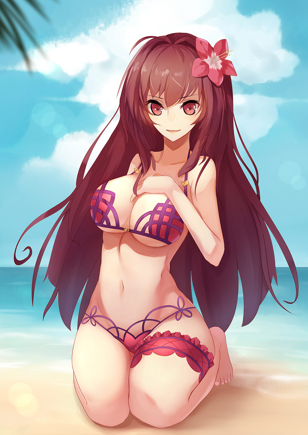 1girl, ban_bu_bu_duou, barefoot, beach, bikini, breasts, brown_hair, cleavage