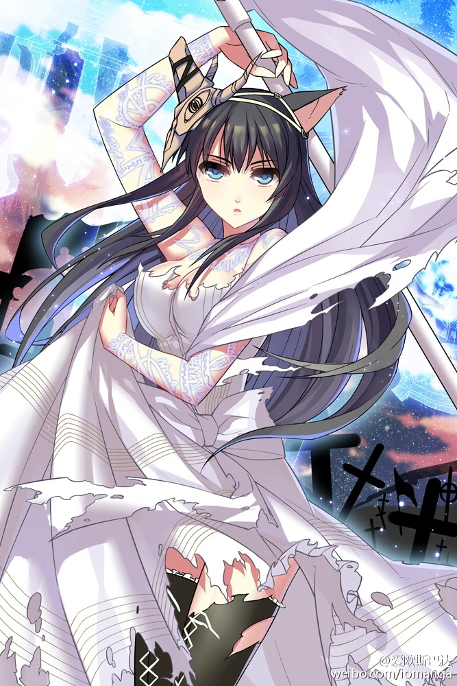 1girl, animal_ears, black_hair, black_thighhighs, bloodline, blue_eyes, bow, breasts, cat_ears, cleavage, cross, dress, female_focus, flag, holding_own_dress, iotower, long_hair, looking_at_viewer, mask, mysterious_zan, mystertious_zan, non-web_source, planted, solo, standing, thighhighs, torn_clothes, watermark, weapon, web_address, white_bow, white_dress, wolf_ears