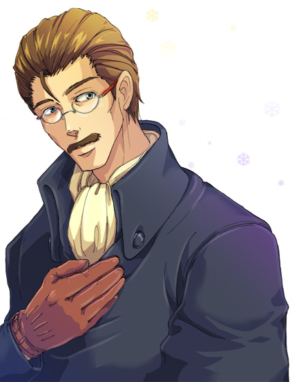 1boy, amanohashi_ikkaku, brown_gloves, brown_hair, facial_hair, glasses, gloves, male_focus