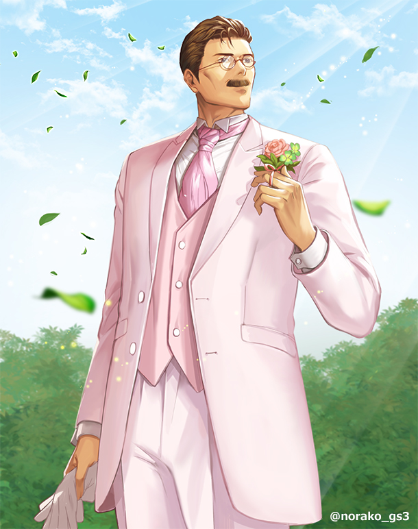 1boy, amanohashi_ikkaku, blue_sky, brown_hair, cloud, corsage, day, facial_hair, formal_clothes, glasses, gloves, leaf, looking_to_the_side, male_focus, mustache, norako_gs3, pink_suit, sky, solo, standing, suit, sunlight, tokimeki_memorial, tokimeki_memorial_girl's_side, tokimeki_memorial_girl's_side_1st_love, twitter_username, unworn_gloves, white_gloves