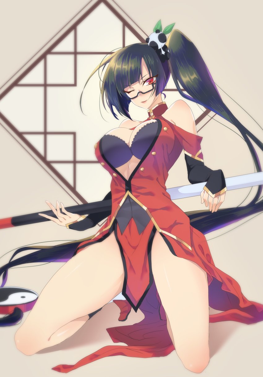1girl, ;), absurdres, bare_shoulders, black-framed_eyewear, black_bra, black_hair, blazblue