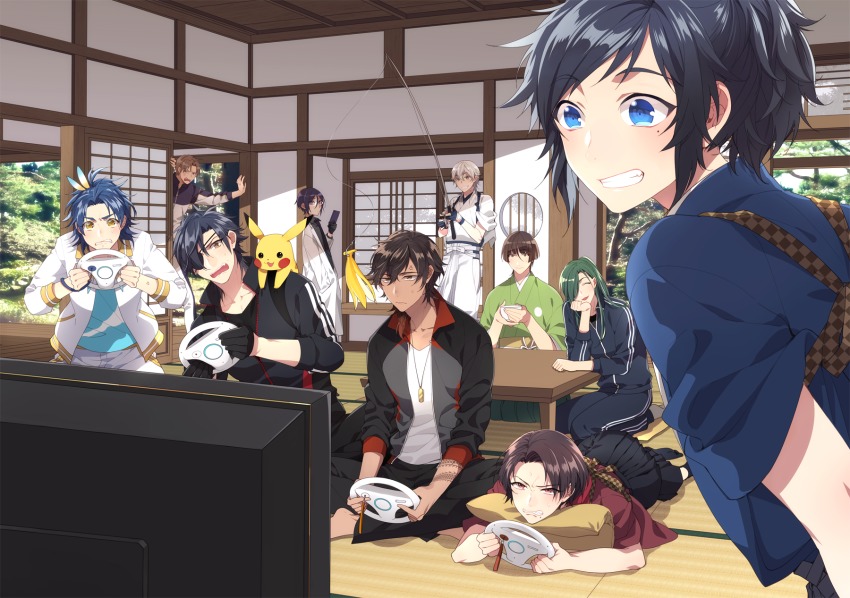 10s, 6+boys, anger_vein, banana_peel, black_gloves, black_hair, blue_eyes, blue_hair