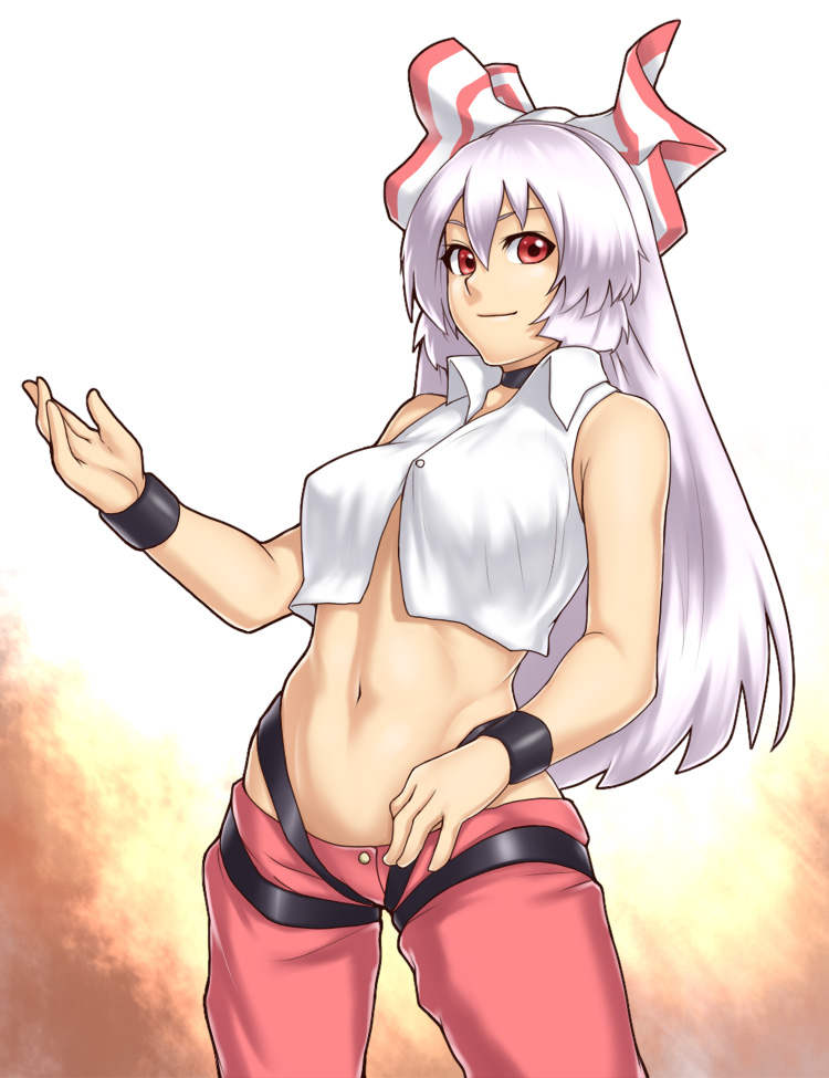 1girl, female_focus, fujiwara_no_mokou, hou_takashi_ji, houtengeki, long_hair, midriff, red_eyes