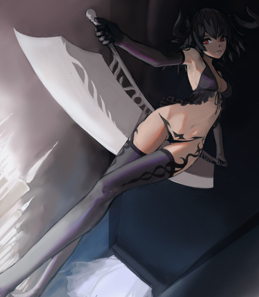 1girl, bad_anatomy, black_gloves, black_hair, breasts, crossed_legs, demon_girl, demon_wings, elbow_gloves, female_focus, gloves, highres, huge_weapon, k-k, lingerie, maebari, medium_breasts, medium_hair, navel, original, red_eyes, solo, thigh_gap, thighhighs, underwear, weapon, wings