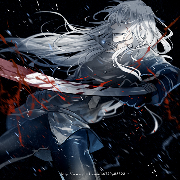 1boy, black_gloves, black_outerwear, blood, blood_splatter, gloves, glowing, glowing_eyes, grin, katekyo_hitman_reborn!, katsura_(guiyuy), long_hair, male_focus, smile, solo, splatter, superbi_squalo, sword, weapon