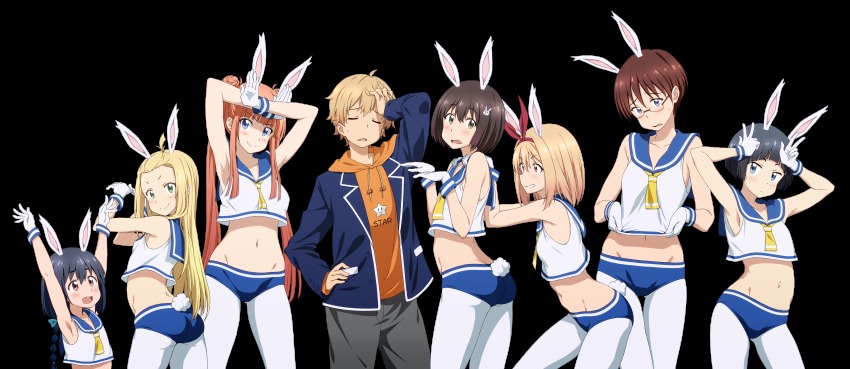 10s, 1boy, 6+girls, :d, absurdres, ahoge, animal_ears, armpits, arms_up, ass, ayase_kaori, blazer, blonde_hair, blue_eyes, blunt_bangs, blush, bob_cut, braid, breasts, brown_eyes, brown_hair, buruma, closed_eyes, closed_mouth, colette_(kono_bijutsubu_niwa_mondai_ga_aru!), commentary_request, cowboy_shot, crop_top, double_bun, double_v, eyebrows, facepalm, glasses, gloves, green_eyes, hair_bun, hair_ornament, hair_ribbon, hand_in_own_hair, hand_on_own_hip, highres, honda_sayaka, hood, hoodie, imari_maria, jacket, kono_bijutsubu_niwa_mondai_ga_aru!, kunikawa_ryouko, large_breasts, long_hair, long_twintails, looking_at_viewer, looking_back, midiman, midriff, moeka_(kono_bijutsubu_niwa_mondai_ga_aru!), multiple_girls, natural_wedgie, navel, open_mouth, orange_hair, outie_navel, outstretched_arms, pantyhose, pantyhose_under_buruma, rabbit_ears, rabbit_hair_ornament, rabbit_pose, red_eyes, ribbon, sailor_collar, semi-rimless_eyewear, short_hair, sidelocks, single_braid, sleeveless, small_breasts, smile, standing, sweat, transparent_background, twintails, uchimaki_subaru, under-rim_eyewear, usami_mizuki, v, wedgie, white_gloves, white_legwear