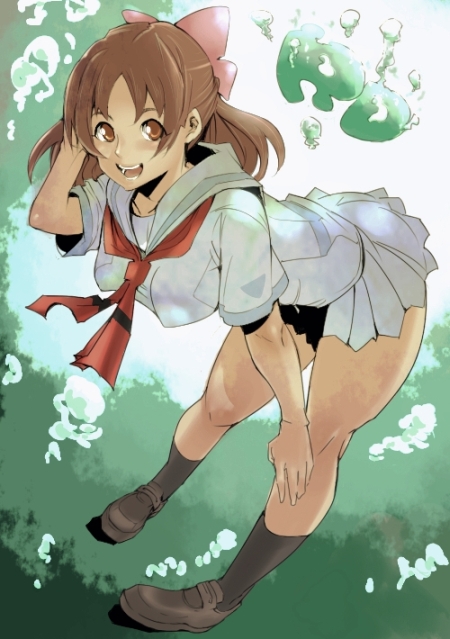 1girl, adjusting_hair, aguhari, aoi_minamo, bad_id, bad_pixiv_id, bent_over, bow