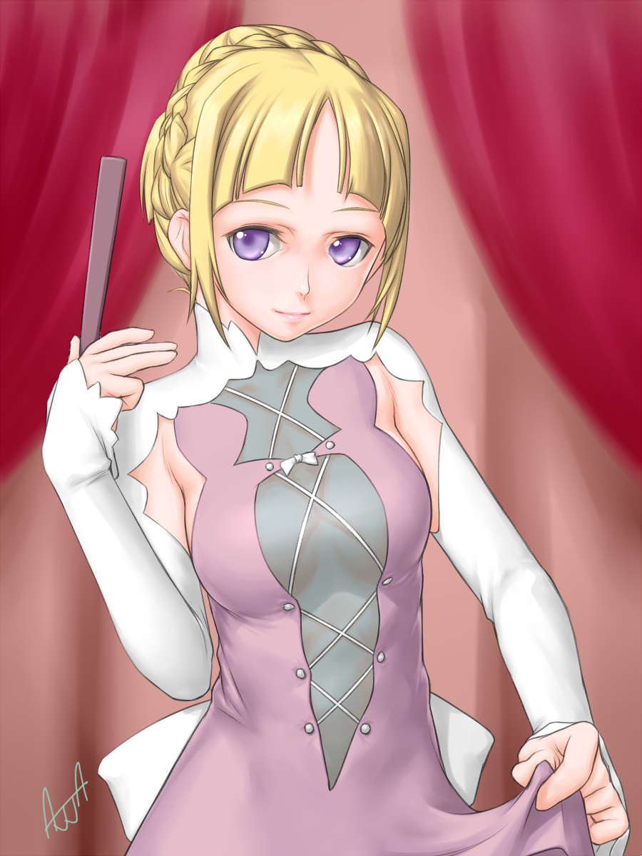 10s, 1girl, ^jj^, blonde_hair, braid, curtains, dress, female_focus, fiine_(shuumatsu_no_izetta), folding_fan, french_braid, hair_up, hand_fan, highres, long_sleeves, looking_at_viewer, ortfine_fredericka_von_elystadt, ortfine_fredericka_von_eylstadt, purple_eyes, shuumatsu_no_izetta, smile, solo