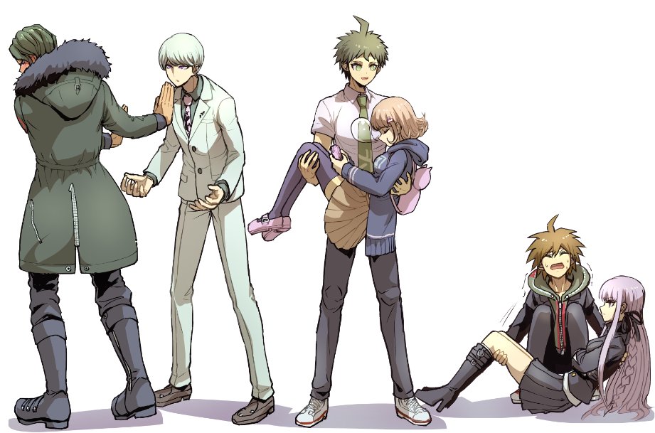 10s, 2girls, 4boys, ahoge, boots, braid, carrying, coat