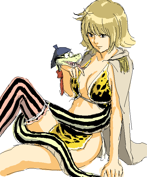 1girl, amazon_lily, amazon_warrior, asymmetrical_clothes, bikini, blonde_hair, cape, epaulettes, female_focus, fur_bikini, jacket, jacket_on_shoulders, marguerite_(one_piece), oekaki, one_piece, patterned_legwear, risui2, short_hair, single_thighhigh, sitting, snake, solo, striped_clothes, striped_thighhighs, swimsuit, thighhighs, vertical-striped_clothes, vertical-striped_thighhighs, white_background, yellow_bikini