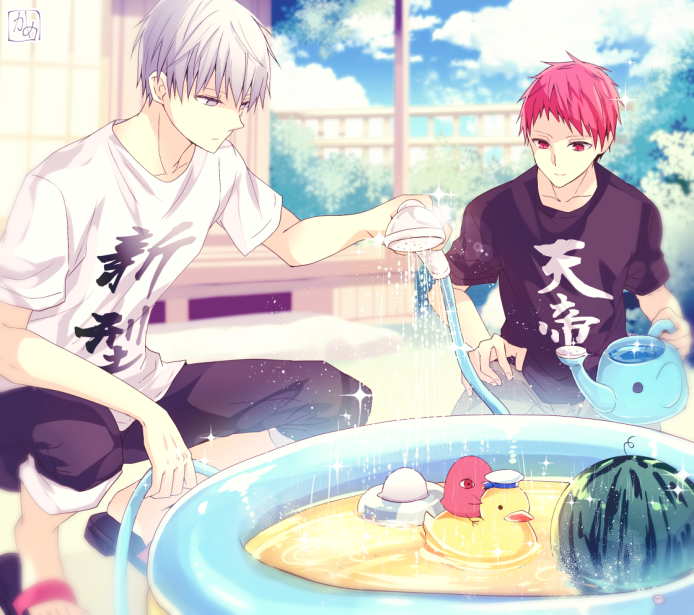 2boys, akashi_seijuurou, architecture, bird, black_pants, black_shirt, bush, clothes_writing