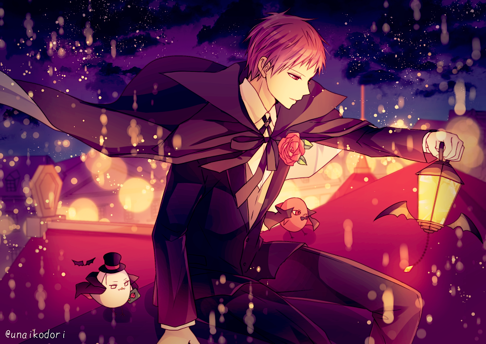 1boy, akashi_seijuurou, bird, black_bow, black_bowtie, black_cape, black_suit, bow