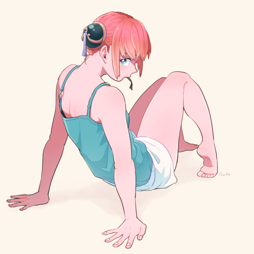 1girl, barefoot, blue_eyes, bun_cover, feet, female_focus, full_body, gintama