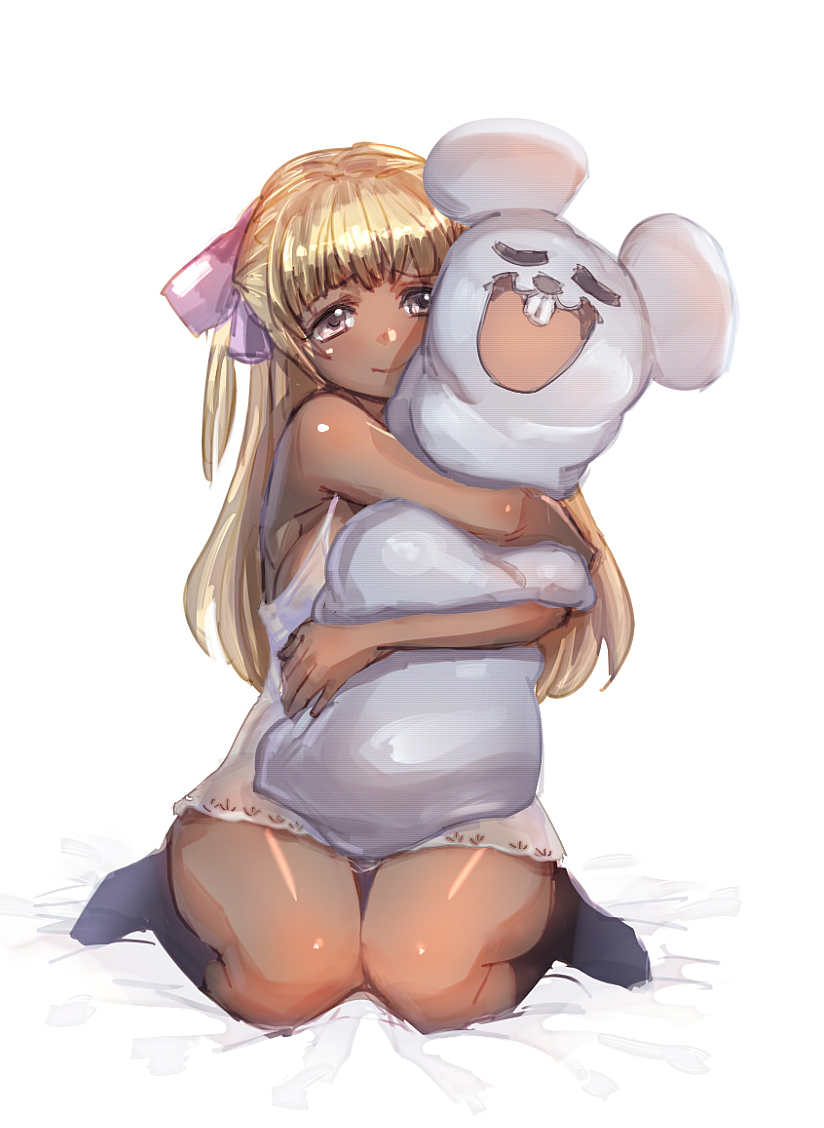 1girl, :3, black_socks, blonde_hair, blush, bow_(bhp), breasts, brown_eyes, closed_eyes, closed_mouth, dark-skinned_female, dark_skin, female_focus, full_body, hair_ribbon, head_tilt, headgear, hugging_object, kneehighs, lingerie, long_hair, medium_breasts, negligee, orginial, original, pink_ribbon, ribbon, smile, socks, solo, stuffed_animal, stuffed_mouse, stuffed_toy, two_side_up, underwear, white_background