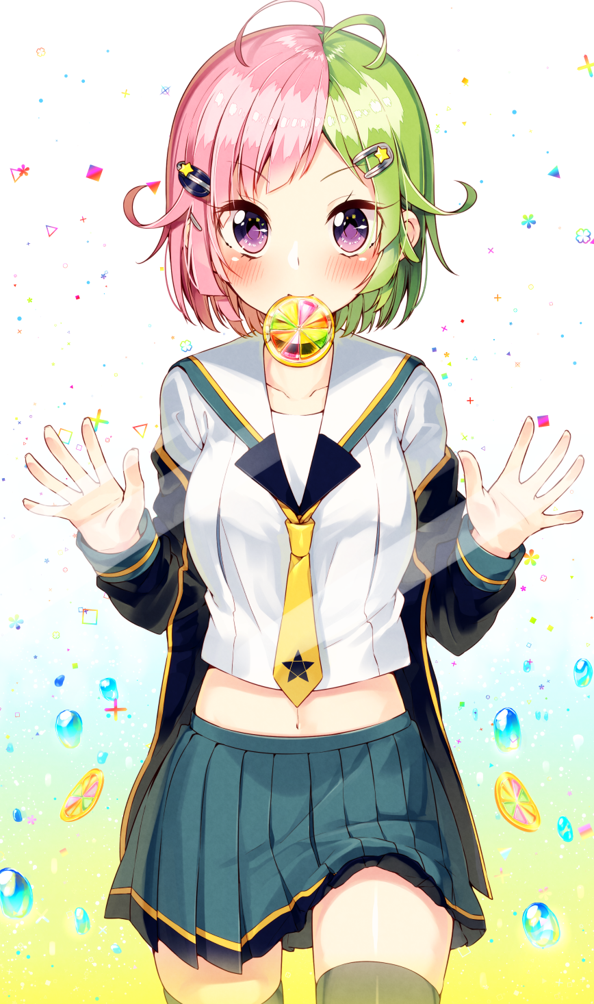 1girl, antenna_hair, bad_id, bad_pixiv_id, blush, breasts, collarbone, cowboy_shot