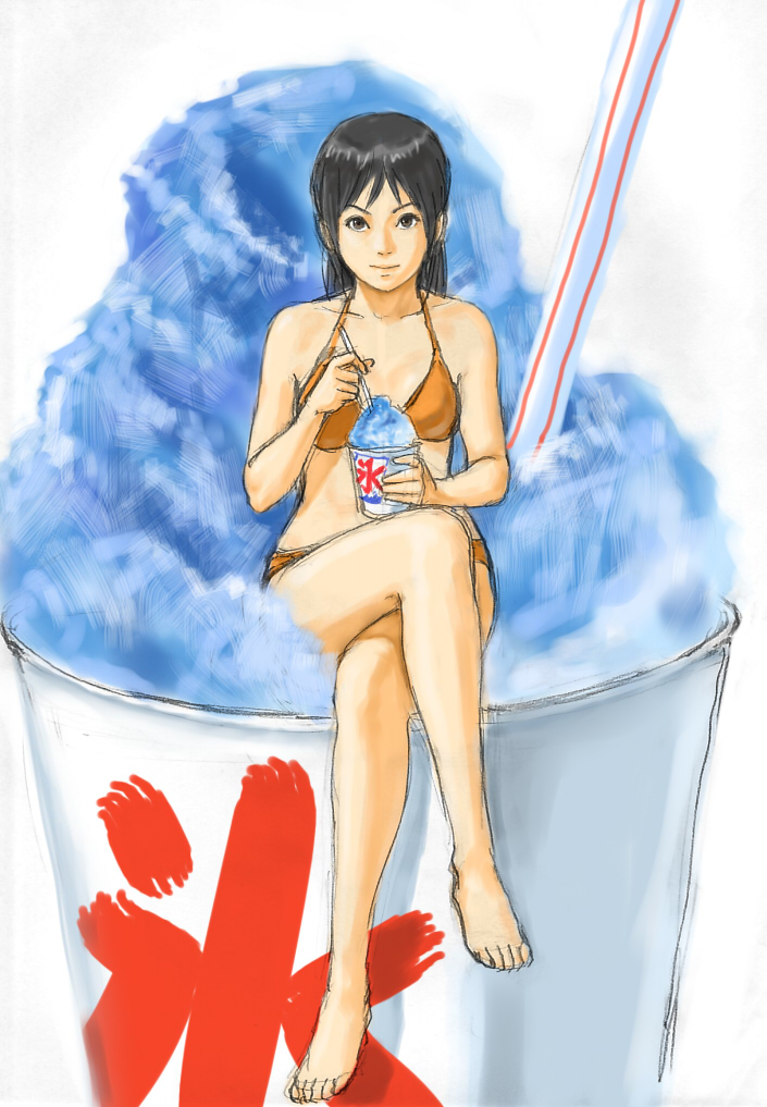 barefoot, bikini, black_hair, crossed_legs, eating, feet, food, long_hair