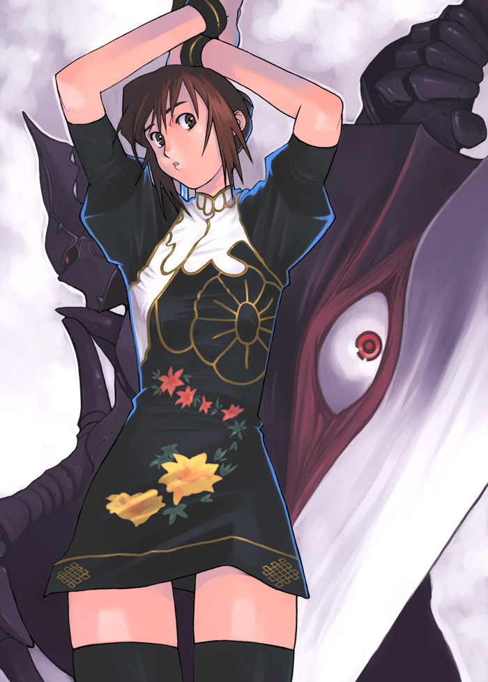 1boy, 1girl, alternate_costume, armor, back-to-back, black_dress, black_thighhighs, blush