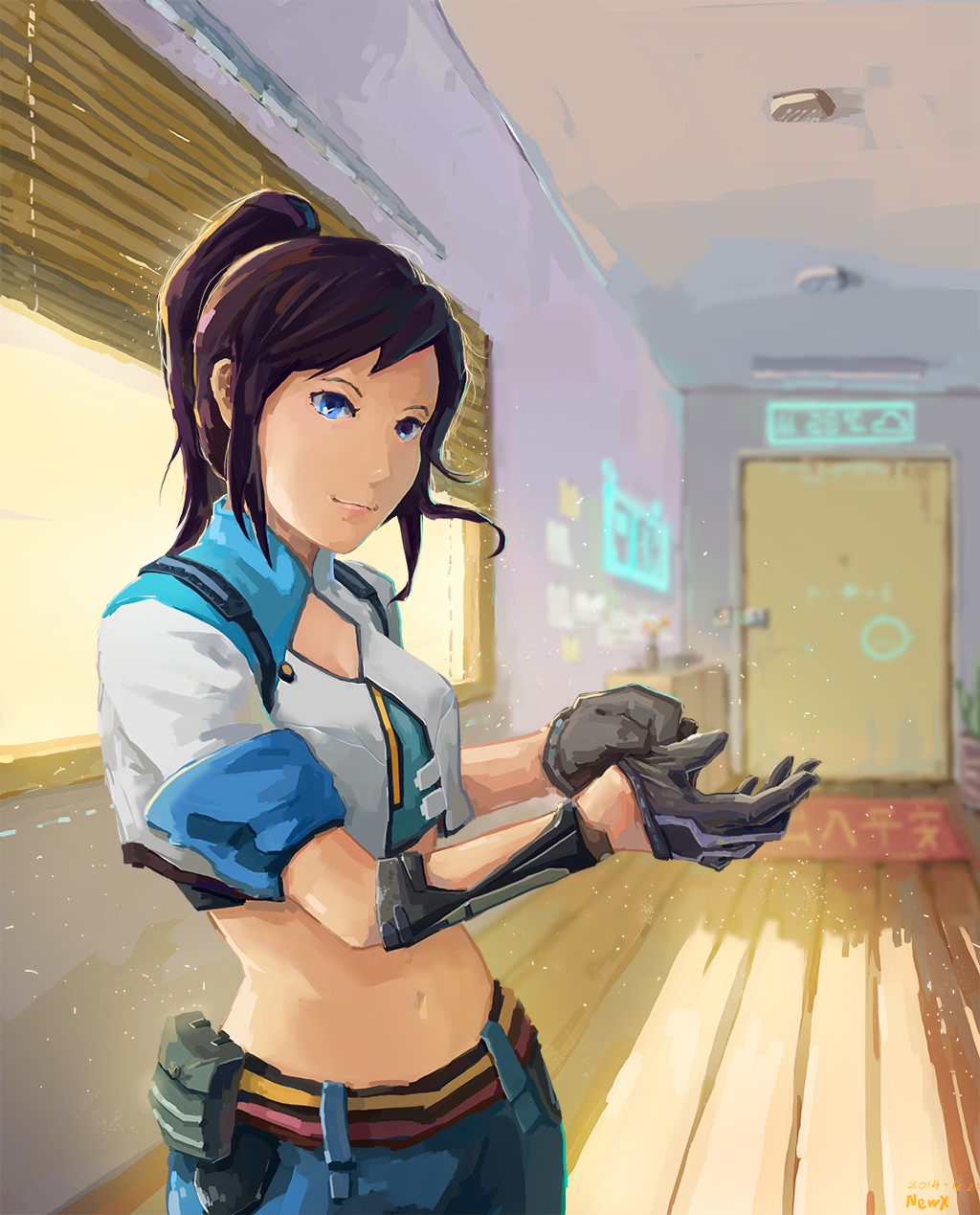1girl, blue_eyes, brown_hair, cropped_jacket, female_focus, gloves, high_ponytail, highres