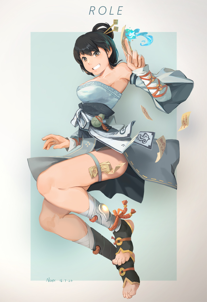 1girl, black_hair, breasts, brown_eyes, detached_sleeves, female_focus, grin, legs, newx, ofuda, original, sideboob, smile, solo, thigh_strap, thighs