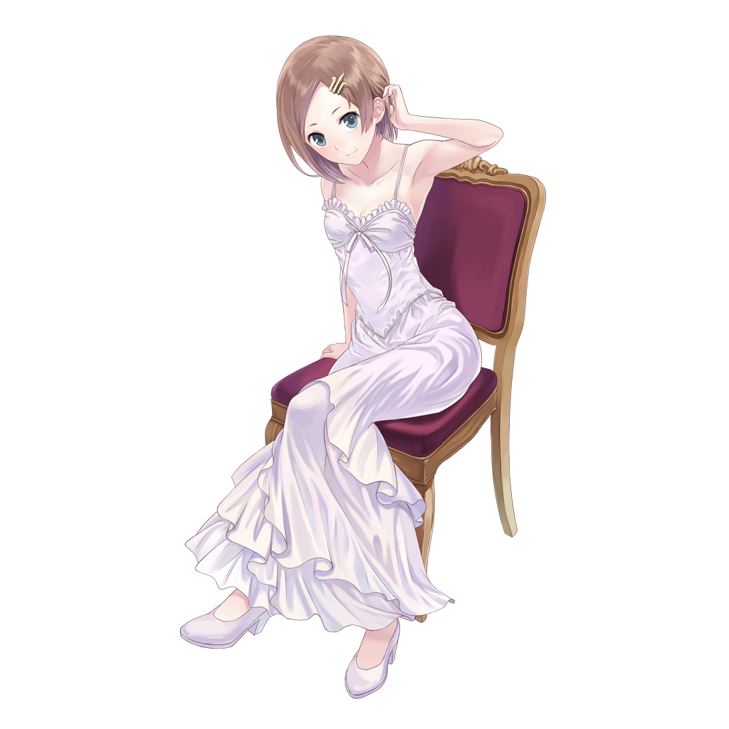 1girl, atelier_(series), atelier_rorona, blue_eyes, brown_hair, chair, dress, esty_erhard
