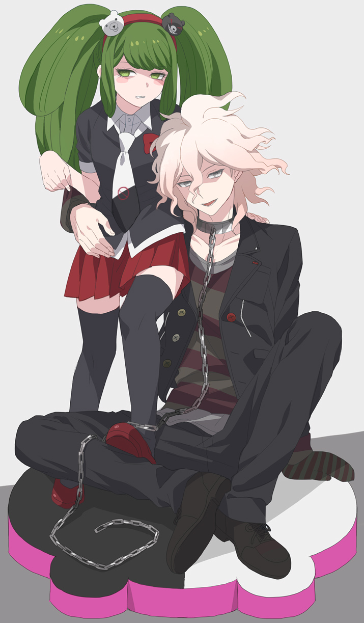 10s, 1boy, 1girl, arm_around_another's_waist, bad_id, bad_pixiv_id, black_footwear, black_thighhighs, blush, blush_stickers, chain, danganronpa_(series), danganronpa_3_(anime), disgust, green_eyes, green_hair, hair_between_eyes, hairband, highres, komaeda_nagito, okuragon, pants, pleated_skirt, red_footwear, servant_(danganronpa), shaded_face, shirt, shoes, short_hair, sitting, skirt, smile, striped_clothes, striped_shirt, thighhighs, towa_monaca