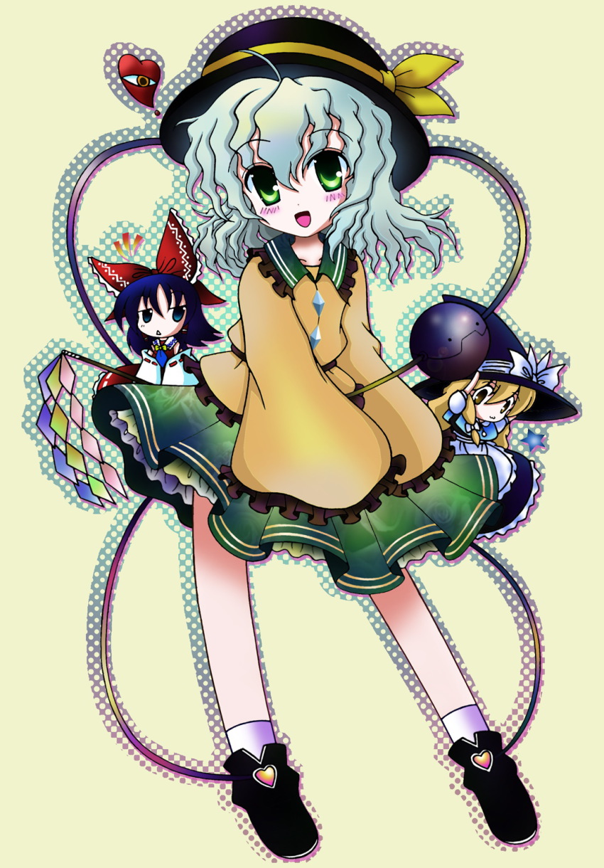 3girls, bad_id, bad_pixiv_id, blonde_hair, bow, female_focus, hakurei_reimu, hat