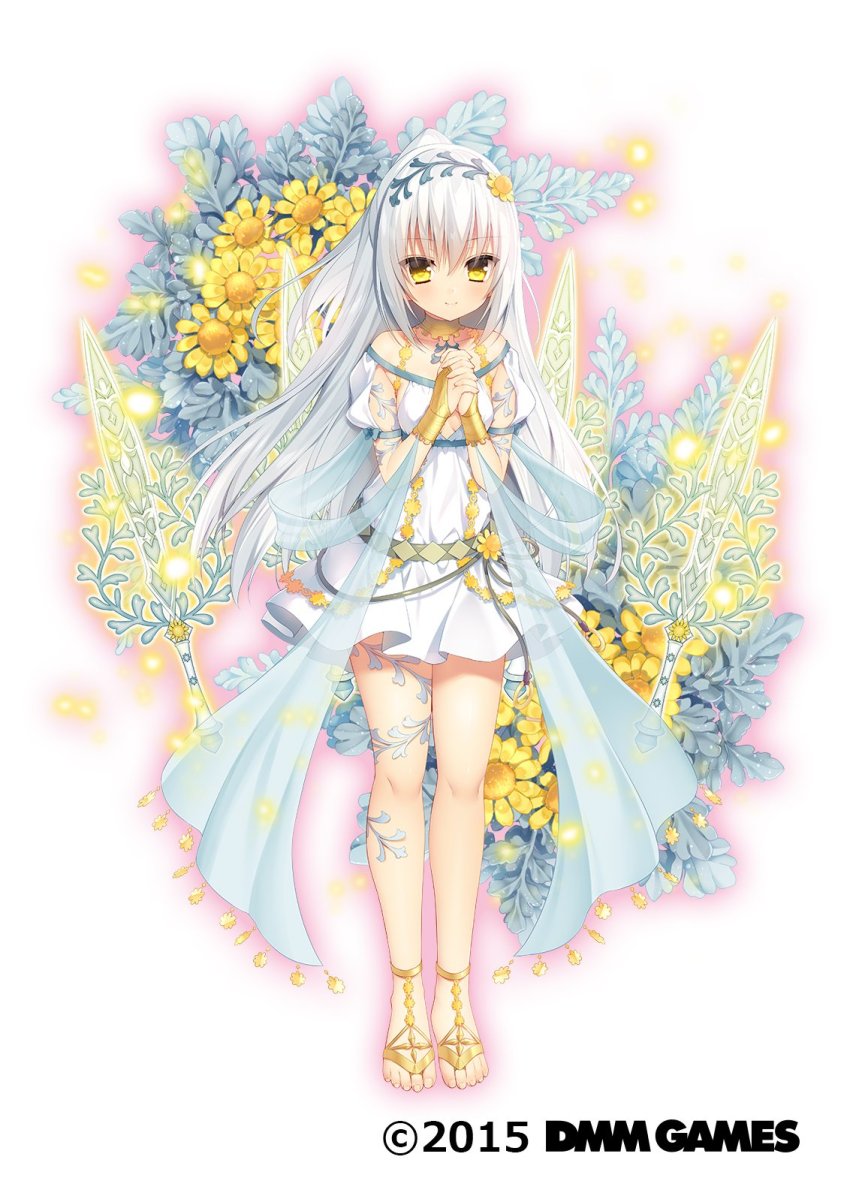 1girl, 2015, anklet, bare_shoulders, barefoot, barefoot_sandals_(jewelry), belt, blush, bow, breasts, bridal_gauntlets, choker, cleavage, cleavage_cutout, closed_mouth, clothing_cutout, company_name, dated, dress, feet, female_focus, flower, flower_knight_girl, full_body, glowing, hairband, half_updo, highres, interlocked_fingers, jewelry, legs_together, light_particles, light_smile, long_hair, looking_at_viewer, multiple_swords, name_connection, no_bra, object_namesake, off_shoulder, official_art, outline, own_hands_clasped, own_hands_together, sacraneco, sash, see-through_clothes, shirotaegiku_(flower_knight_girl), short_dress, short_sleeves, sideboob, simple_background, skirt, small_breasts, smile, solo, standing, sword, toes, very_long_hair, weapon, white_background, white_dress, white_hair, white_skirt, yellow_eyes