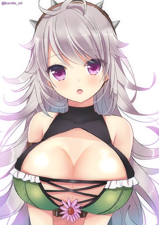 1girl, :o, breasts, cleavage, cleavage_cutout, clothing_cutout, echinacea_(flower_knight_girl), female_focus