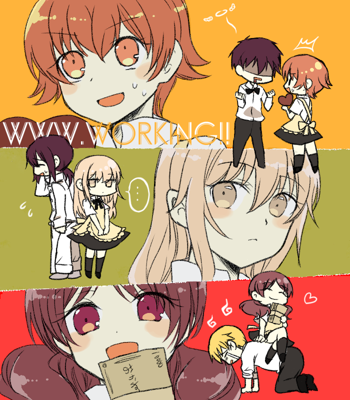 3boys, 3girls, adachi_masahiro, apron, black_hair, brown_eyes, brown_hair, candy