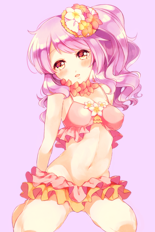 1girl, bikini, blush, female_focus, flower, flower_knight_girl, flower_necklace, frills