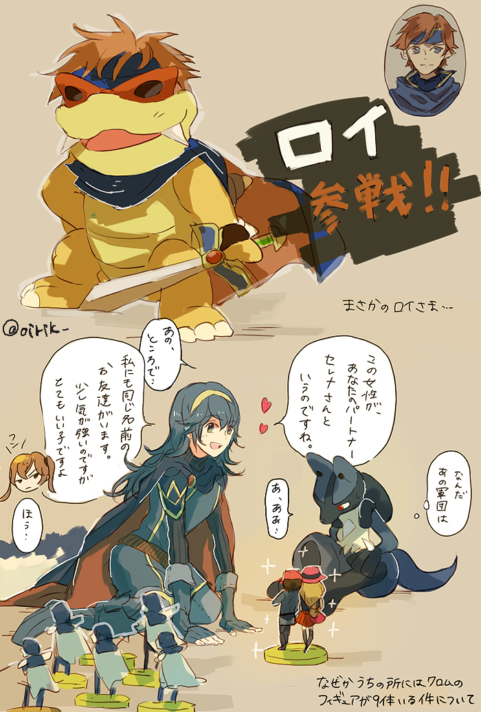 1girl, 3boys, blue_eyes, blue_hair, blush, calem_(pokemon), cosplay, female_robin_(fire_emblem)
