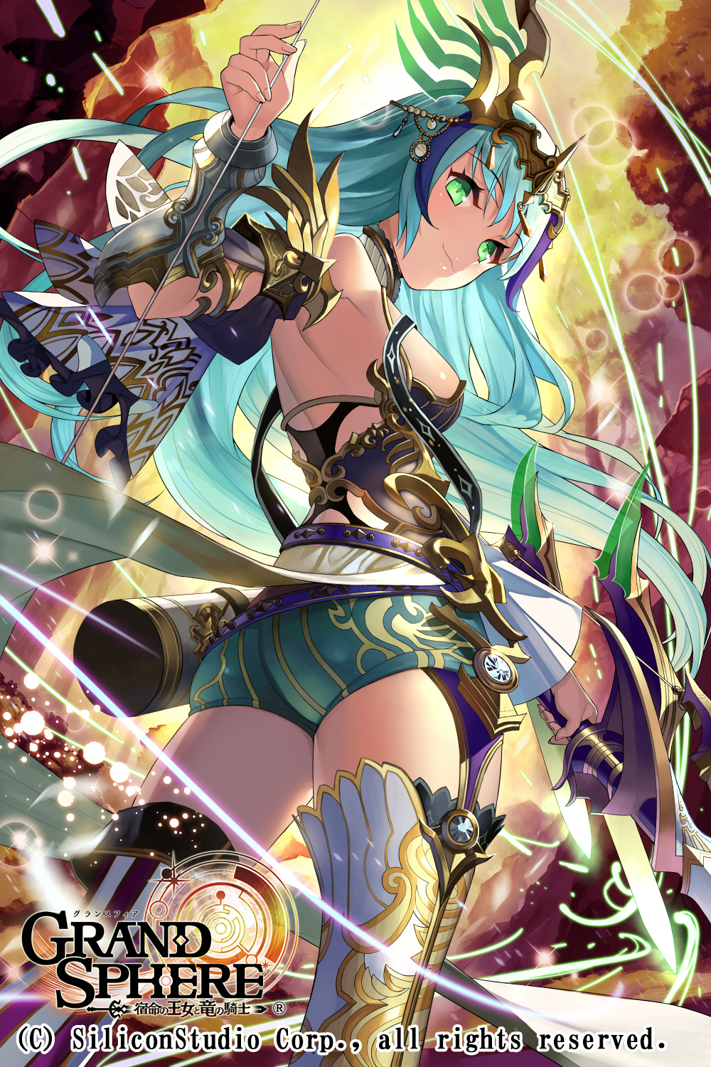 1girl, armor, ass, blue_hair, boots, breasts, copyright_name, eyebrows