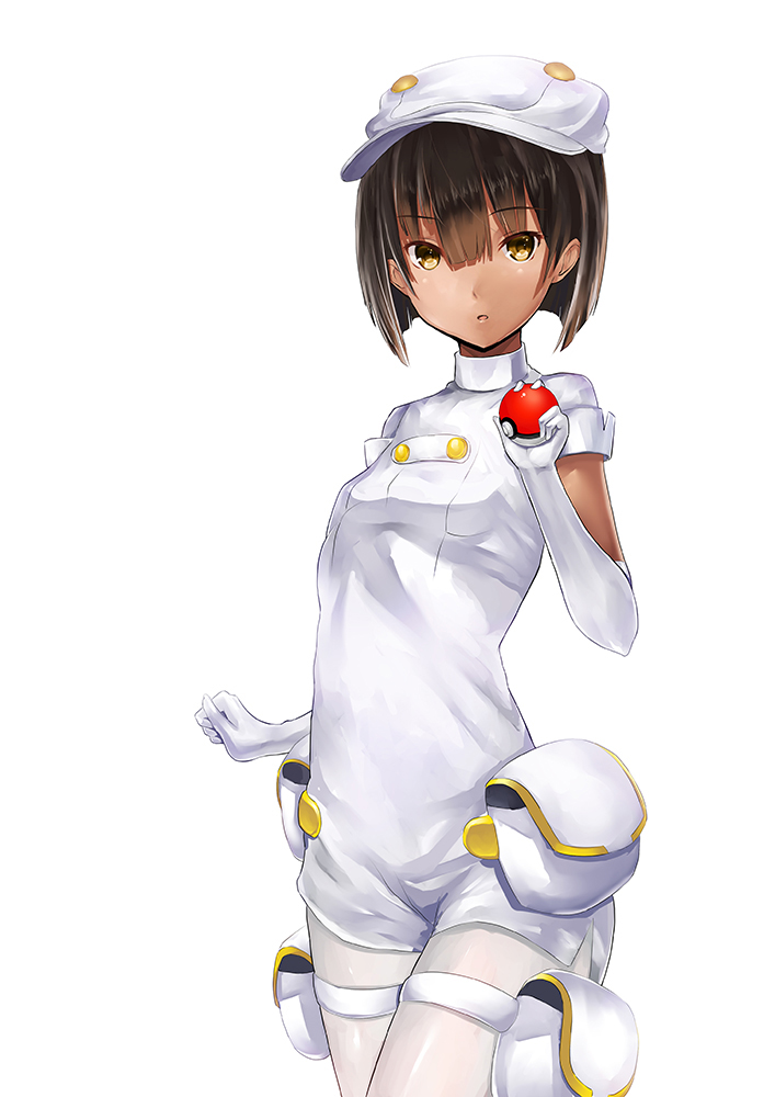 1girl, :o, aether_foundation_employee, aether_foundation_employee_(female), arm_at_side, black_hair, breasts, brown_eyes, cowboy_shot, dark-skinned_female, dark_skin, elbow_gloves, eyebrows, female_focus, finfia, flat_cap, gloves, hair_between_eyes, hat, holding, holding_poke_ball, looking_at_viewer, nintendo, npc_trainer, open_mouth, pantyhose, pocket, poke_ball, pokemon, pokemon_sun_and_moon, short_hair, short_sleeves, side_slit, simple_background, sleeve_cuffs, small_breasts, solo, standing, thigh_strap, white_background, white_gloves, white_hat, white_pantyhose, white_theme