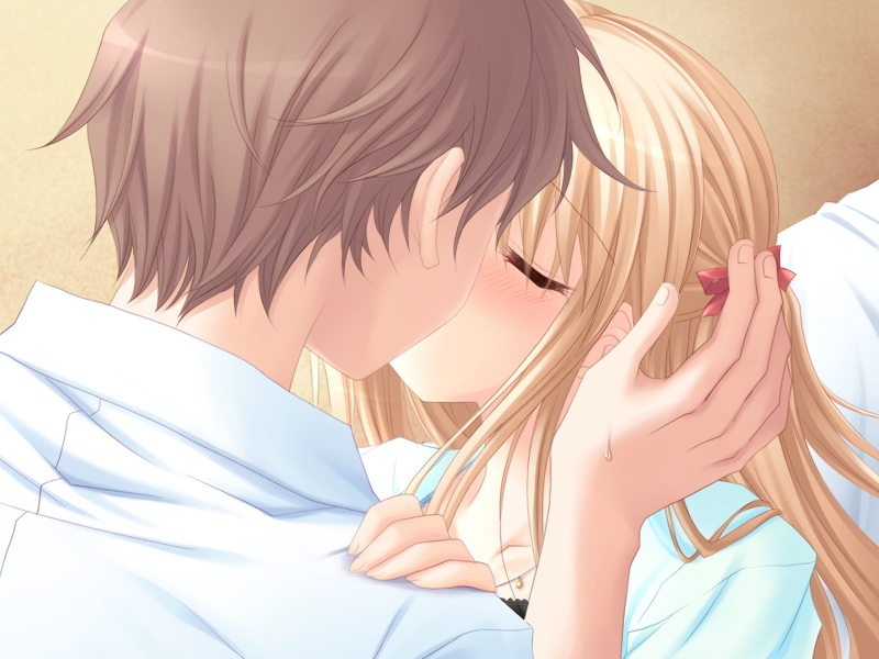 1boy, 1girl, blonde_hair, blush, brown_hair, couple, closed_eyes, game_cg