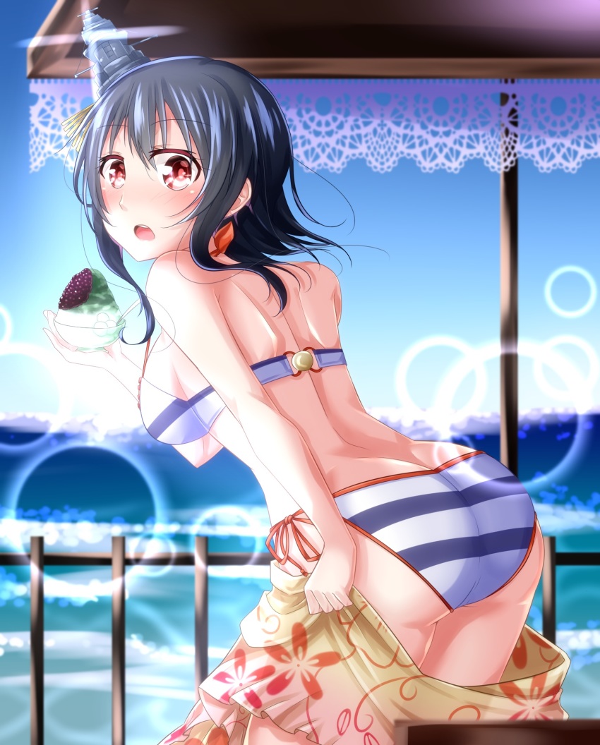 10s, 1girl, :o, ass, beach_umbrella, bikini, black_hair, blush