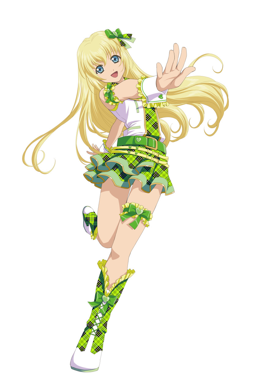 1girl, absurdres, arm_garter, blonde_hair, blue_eyes, boots, bow, colette_brunel, colette_brunel_(self_paced_type_idol), cosplay, female_focus, frilled_legwear, frilled_thigh_strap, green_boots, green_bow, green_skirt, hair_bow, hair_ornament, highres, hoshii_miki, hoshii_miki_(cosplay), idol, idolmaster, idolmaster_(classic), long_hair, looking_at_viewer, official_alternate_costume, official_art, open_mouth, outstretched_arm, plaid_clothes, plaid_skirt, simple_background, skirt, sleeveless, smile, solo, tales_of_(series), tales_of_link, tales_of_symphonia, thigh_strap, white_background, wrist_cuffs