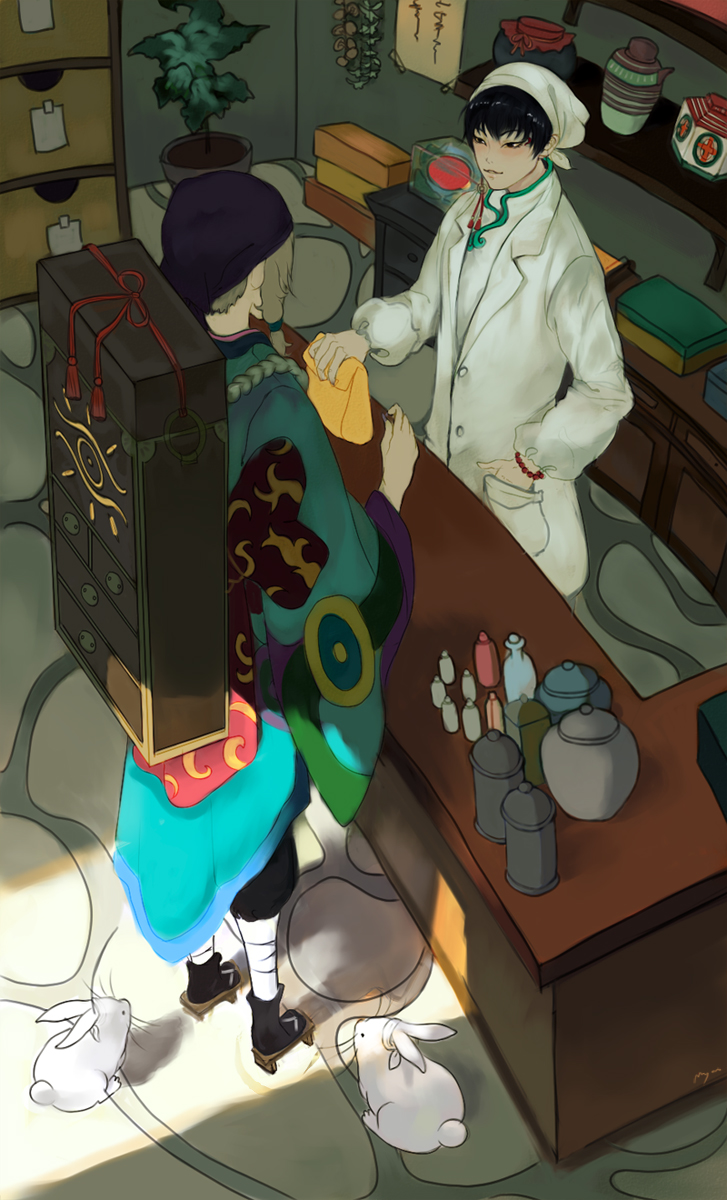 10s, 2boys, bandana, black_hair, brown_hair, crossover, facepaint, hakutaku_(hoozuki_no_reitetsu), highres, hoozuki_no_reitetsu, japanese_clothes, kimono, kusuriuri_(mononoke), mononoke, multiple_boys, myon_(waawawen0415), rabbit, short_hair, slice_of_life