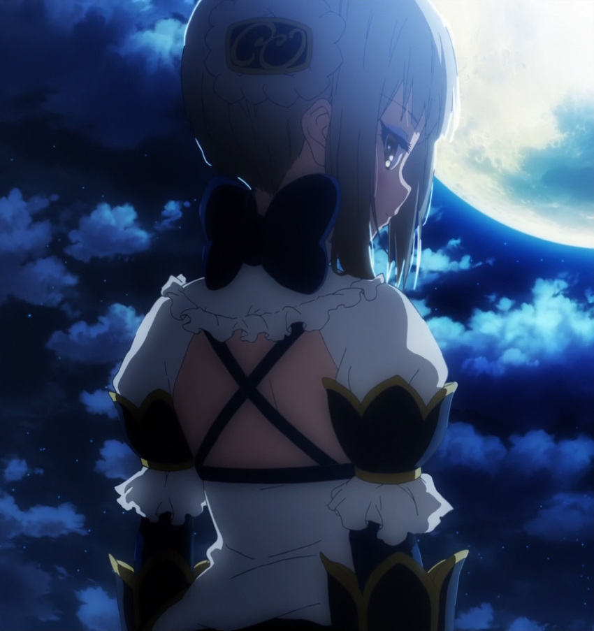 10s, 1girl, anime_screenshot, female_focus, from_behind, highres, la_pucelle_(mahoiku), la_pucelle_(mahou_shoujo_ikusei_keikaku), mahou_shoujo_ikusei_keikaku, short_hair, silver_hair, solo, yellow_eyes