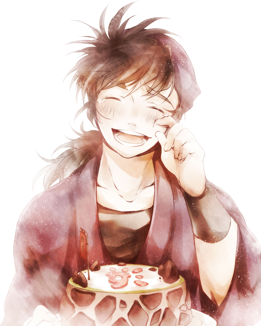 1boy, absurdres, brown_hair, cake, dossei, closed_eyes, food, hama_shuichirou, happy, highres, long_hair, male_focus, ninja, ponytail, rakudai_ninja_rantarou, smile, solo, tears