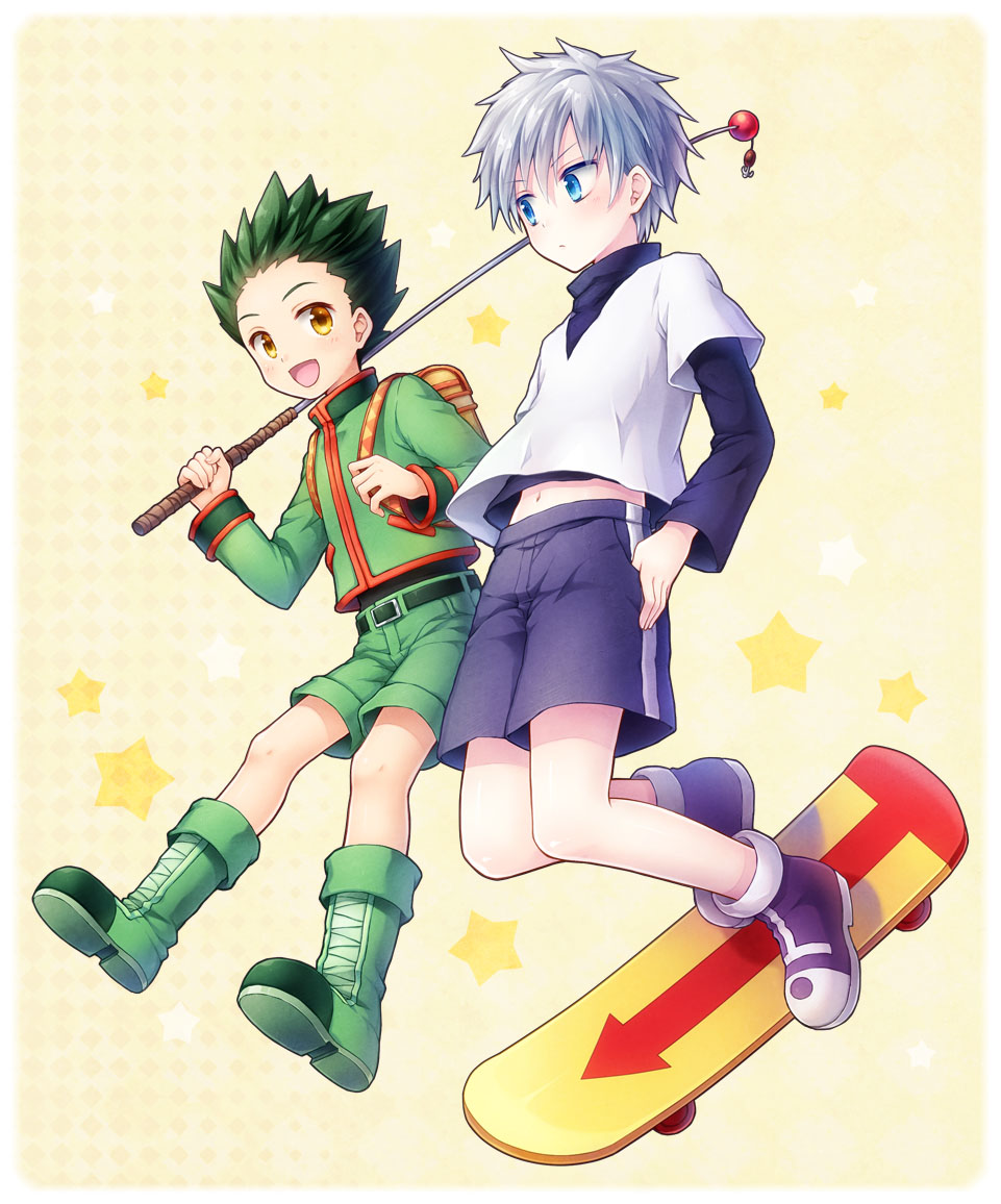 2boys, backpack, bag, belt, black_hair, black_shirt, blue_eyes, blue_shorts, boots, cannan, fishing_rod, gon_freecss, green_boots, green_jacket, green_shorts, hands_in_pockets, hunter_x_hunter, jacket, killua_zoldyck, long_sleeves, multiple_boys, open_mouth, shirt, short_hair, shorts, skateboard, smile, spiked_hair, star_(symbol), star_symbol_background, white_hair, white_shirt, yellow_background