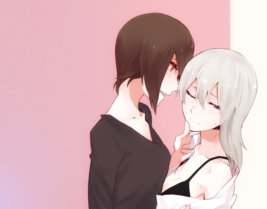 10s, 2girls, bad_id, bad_twitter_id, black_bra, blue_eyes, bra, brown_hair