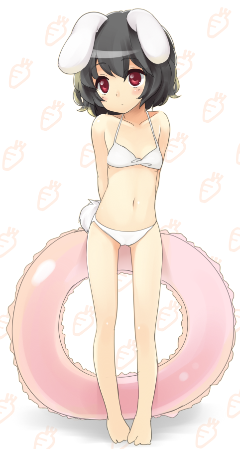 1girl, animal_ears, barefoot, bikini, black_hair, doriruman, female_focus, inaba_tewi
