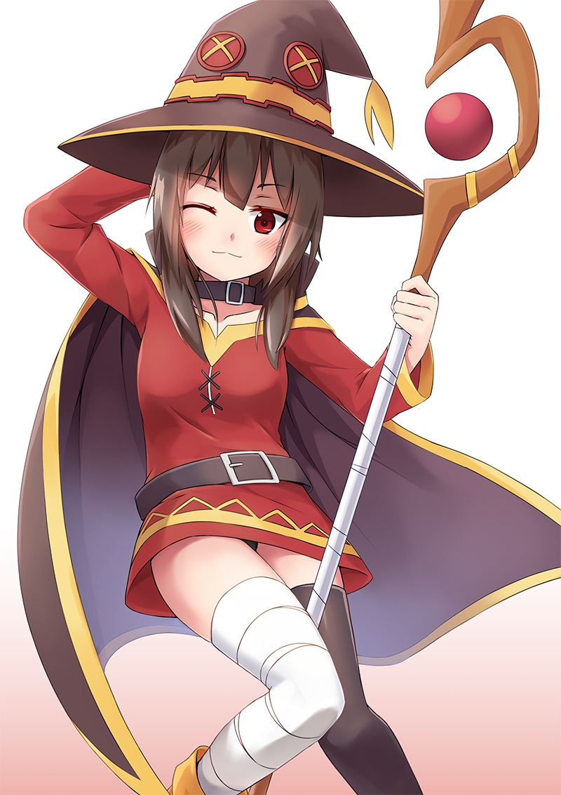 10s, 1girl, ;3, asymmetrical_legwear, belt, black_hair, black_panties, black_thighhighs